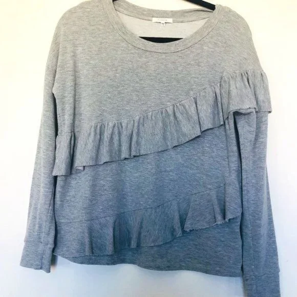 Sold Anthropologie Pleione French Terry Gray Tiered Ruffle Sweater- Size Medium - Picture 7 of 10